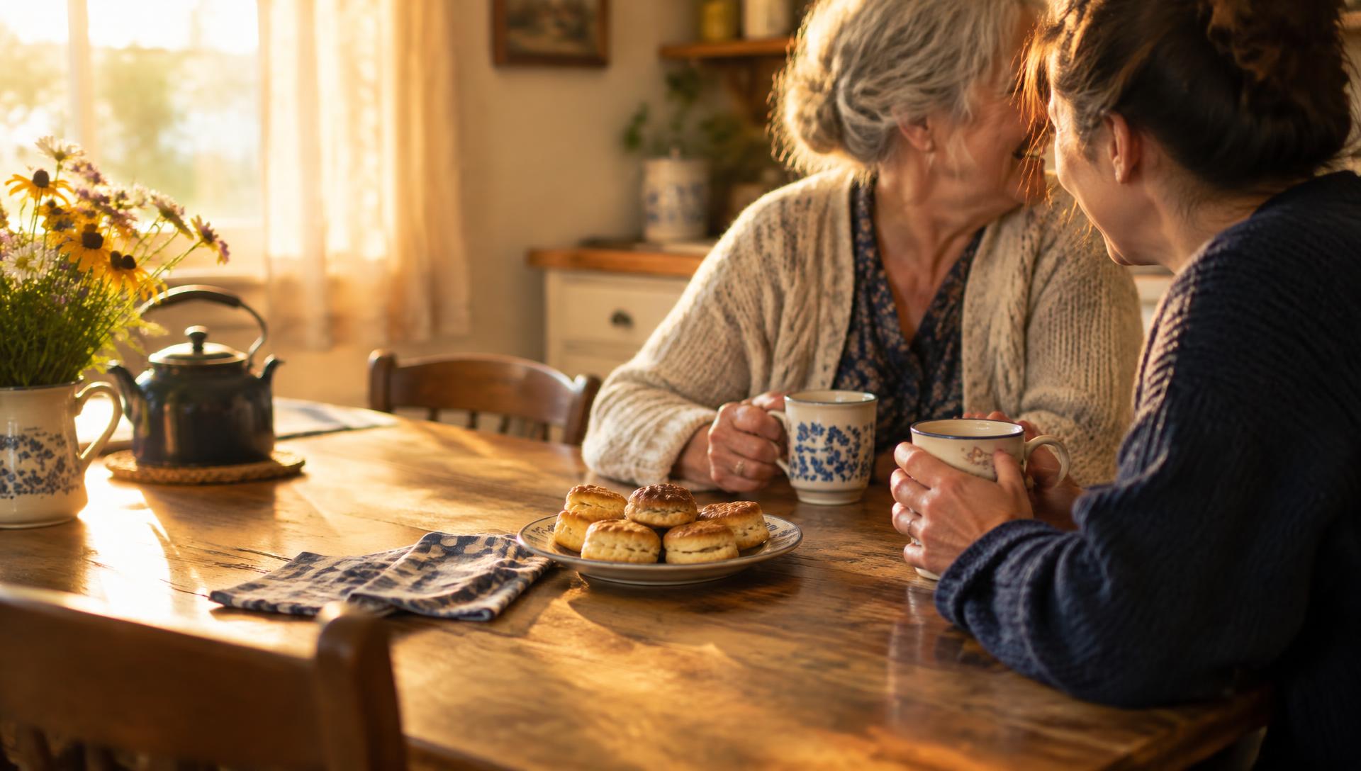 Two women sitting at a sunlit kitchen table together