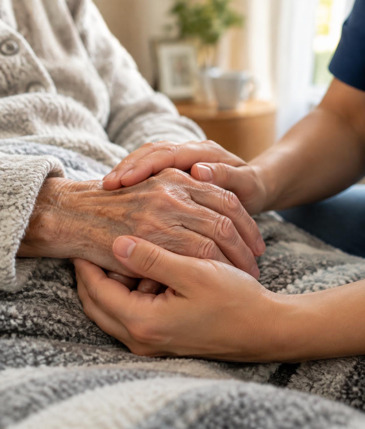 A caregiver gently holding the hands of an older adult