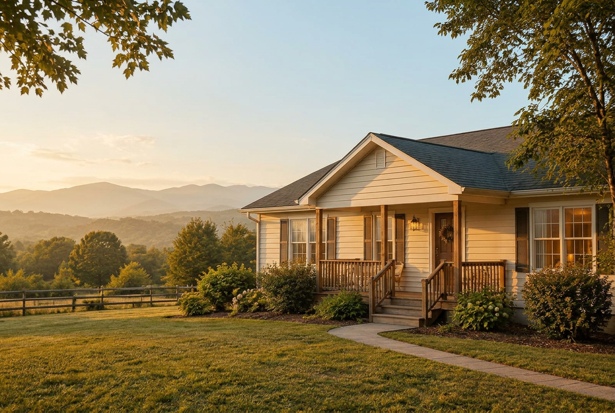 A home in warm late-afternoon sunlight, the porch light glowing, low mountains soft on the horizon