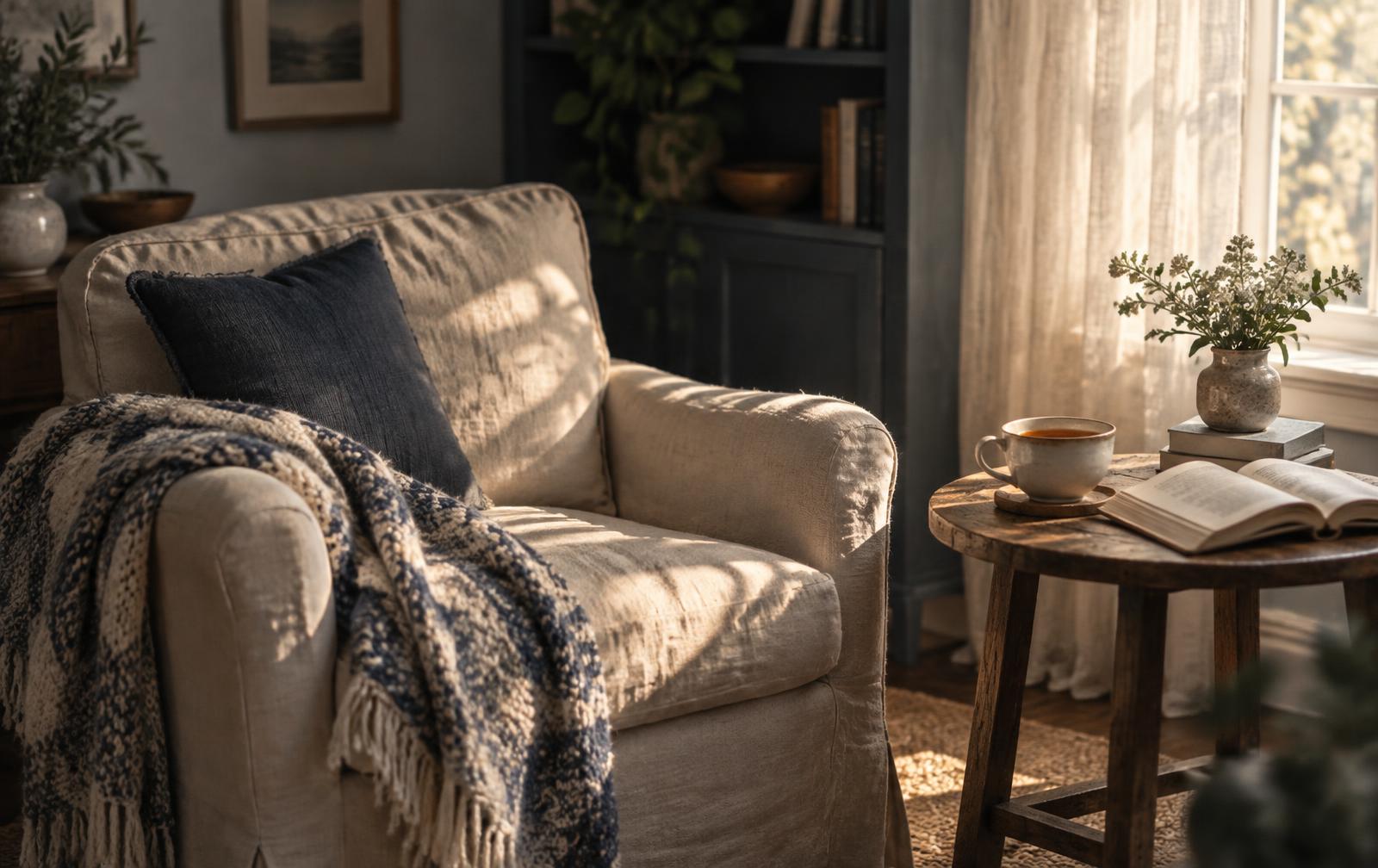 Sunlight falling across a quiet reading corner at home: an armchair with a folded throw, a cup of tea on the side table