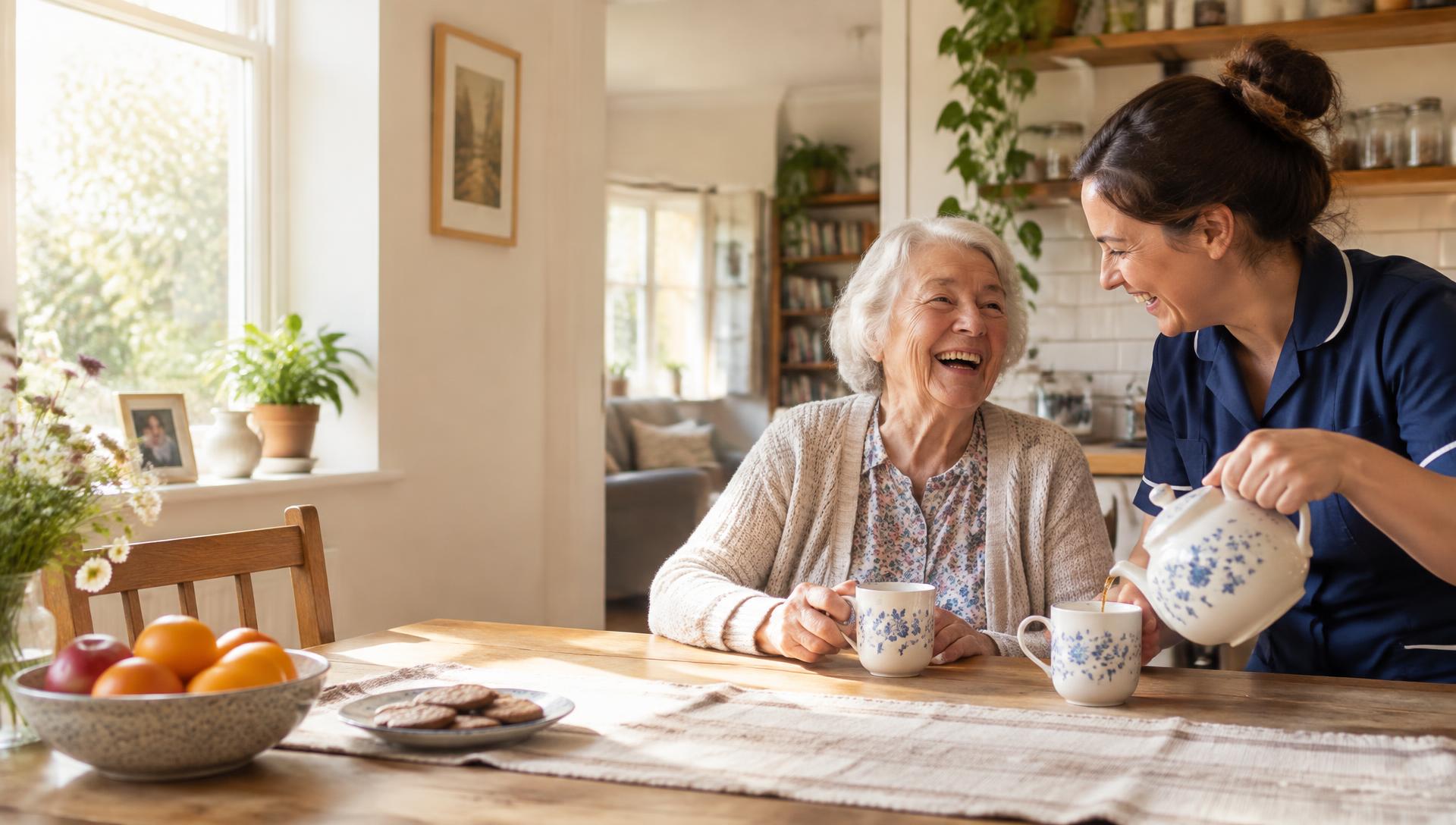 A caregiver and an older woman sharing a laugh over tea at her kitchen table