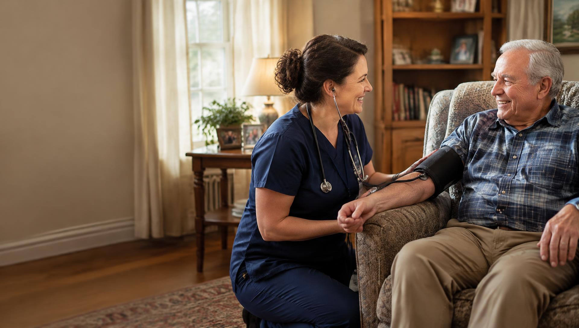 A Warm Hearth at Home nurse checking an older man's blood pressure as they share a smile in his living room