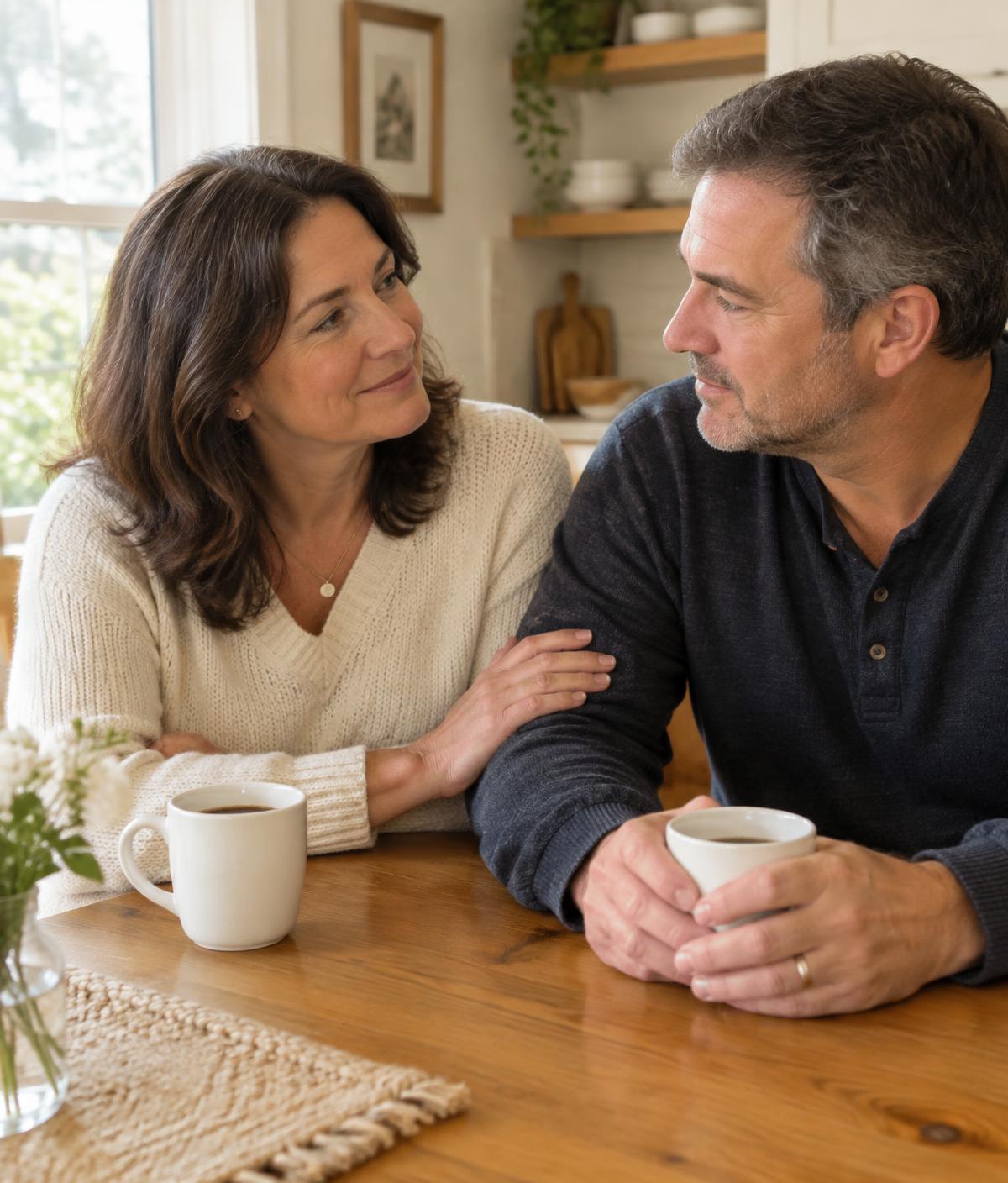 Two family members sharing a quiet, comforting moment at the kitchen table