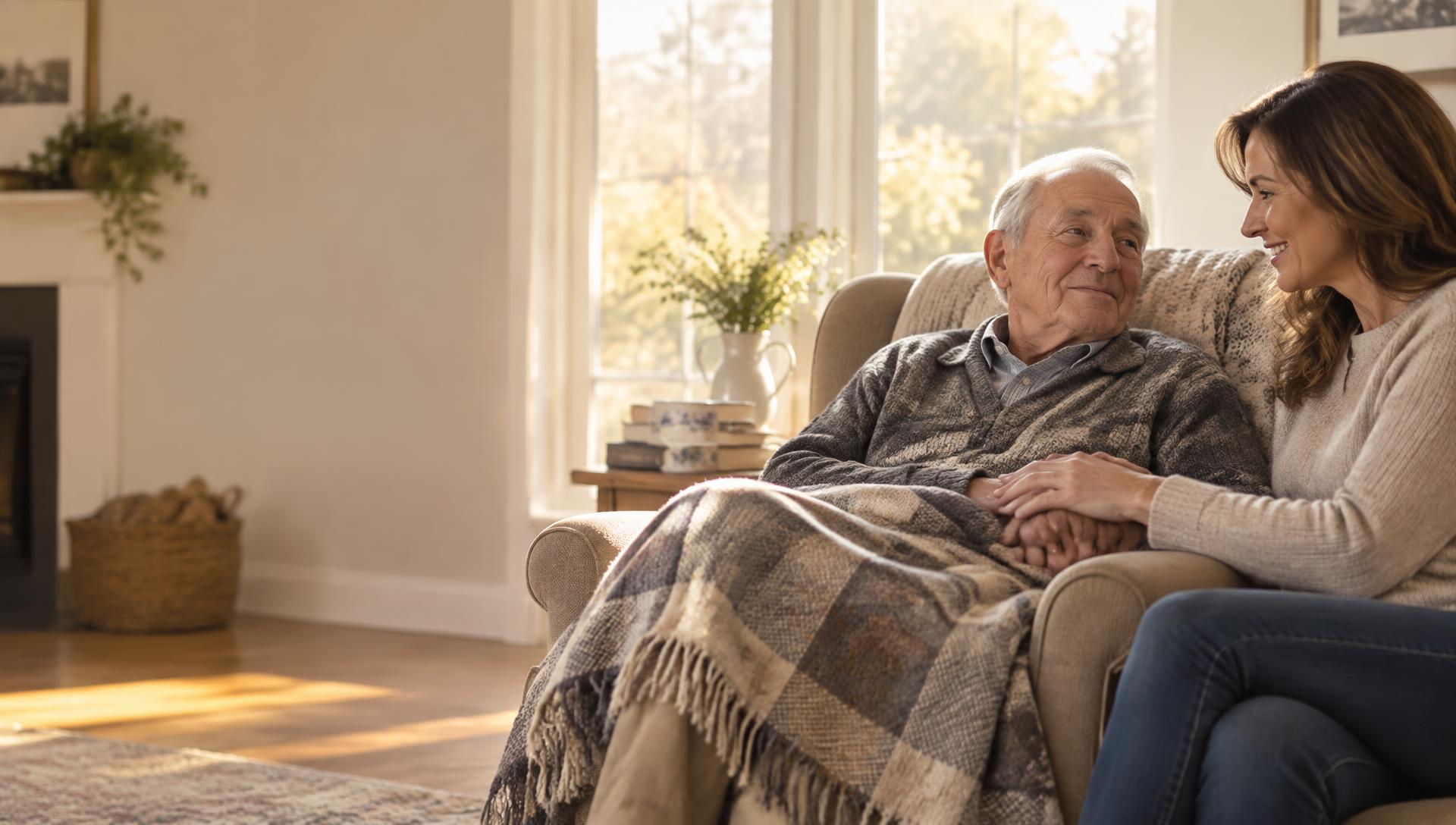 An older man resting in his armchair at home as his daughter holds his hand